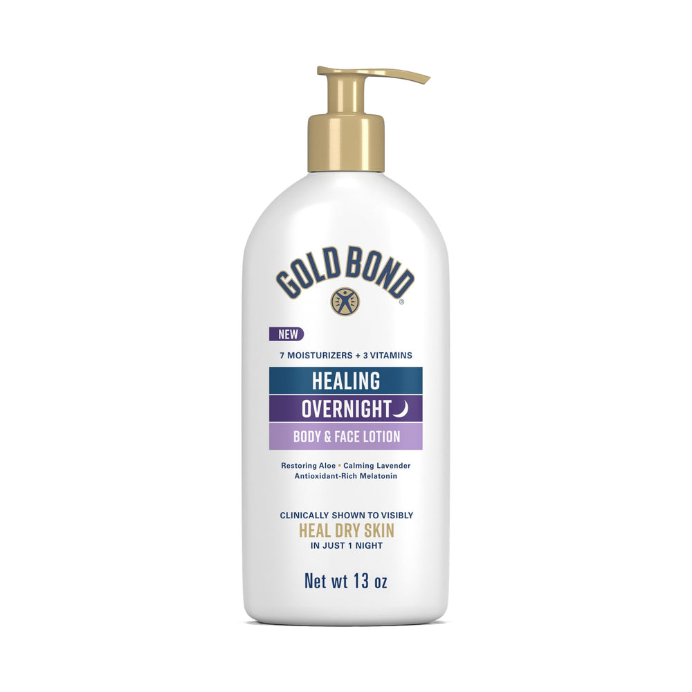 Gold Bond Healing Overnight Lotion bottle with lavender scent for night-time hydration