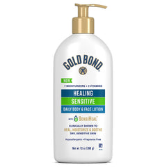 Loción Gold Bond para piel sensible en botella con bomba, hidratación suave para cara y cuerpo.