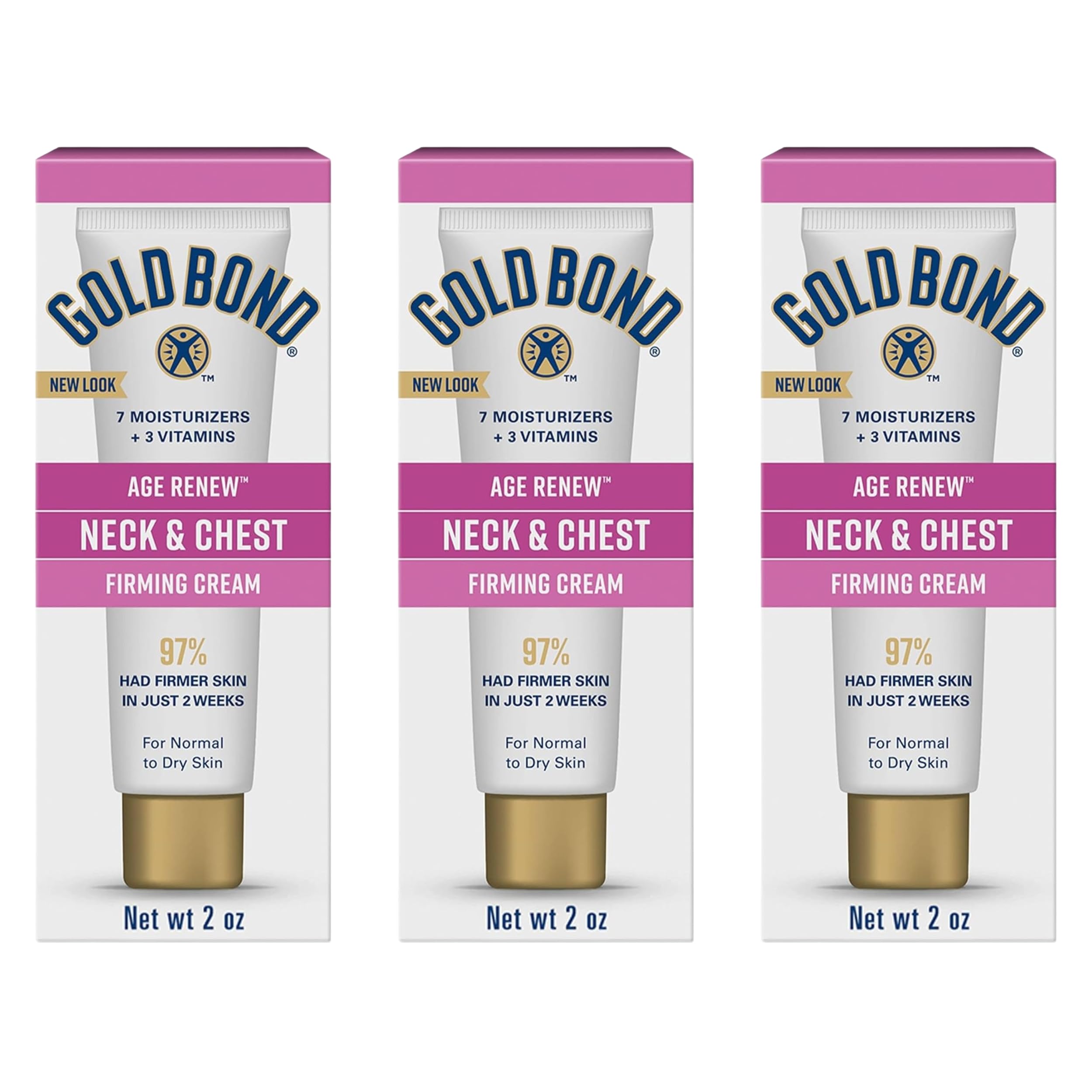 Gold Bond Neck and Chest Firming Cream tubes close-up for at-home use and travel.