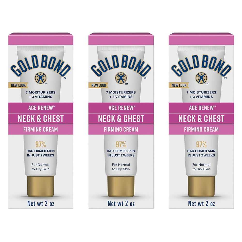 Gold Bond Neck and Chest Firming Cream tubes close-up for at-home use and travel.