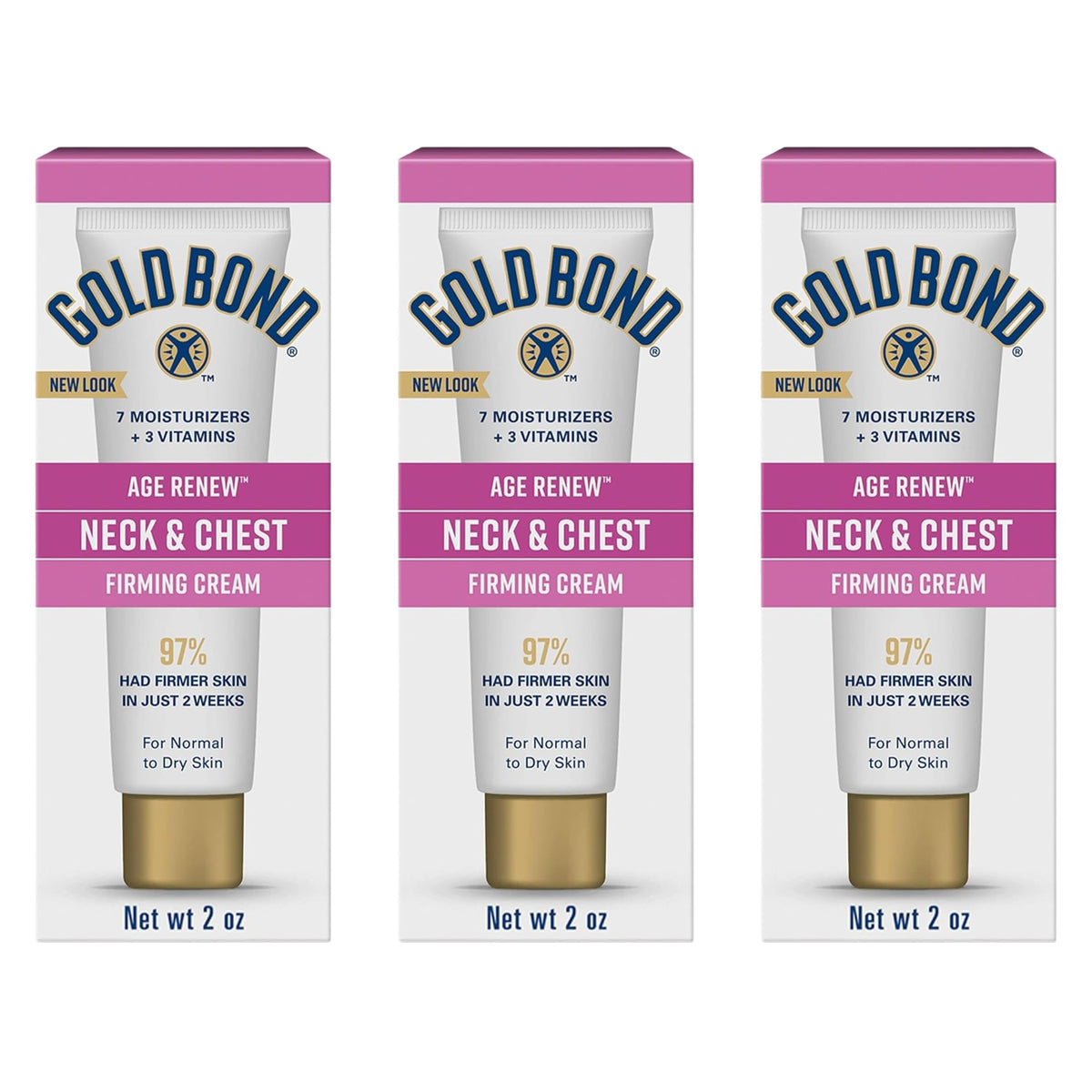 Gold Bond Neck and Chest Firming Cream tubes close-up for at-home use and travel.