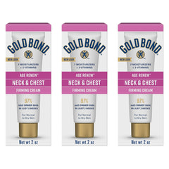 Gold Bond Neck and Chest Firming Cream tubes close-up for at-home use and travel.