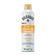 Gold Bond No Mess Clear Spray, botella de 7 oz, aplicación limpia sin residuo blanco.