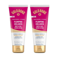Gold Bond Plumping Serum Lotion bottle close up showing lightweight hydration