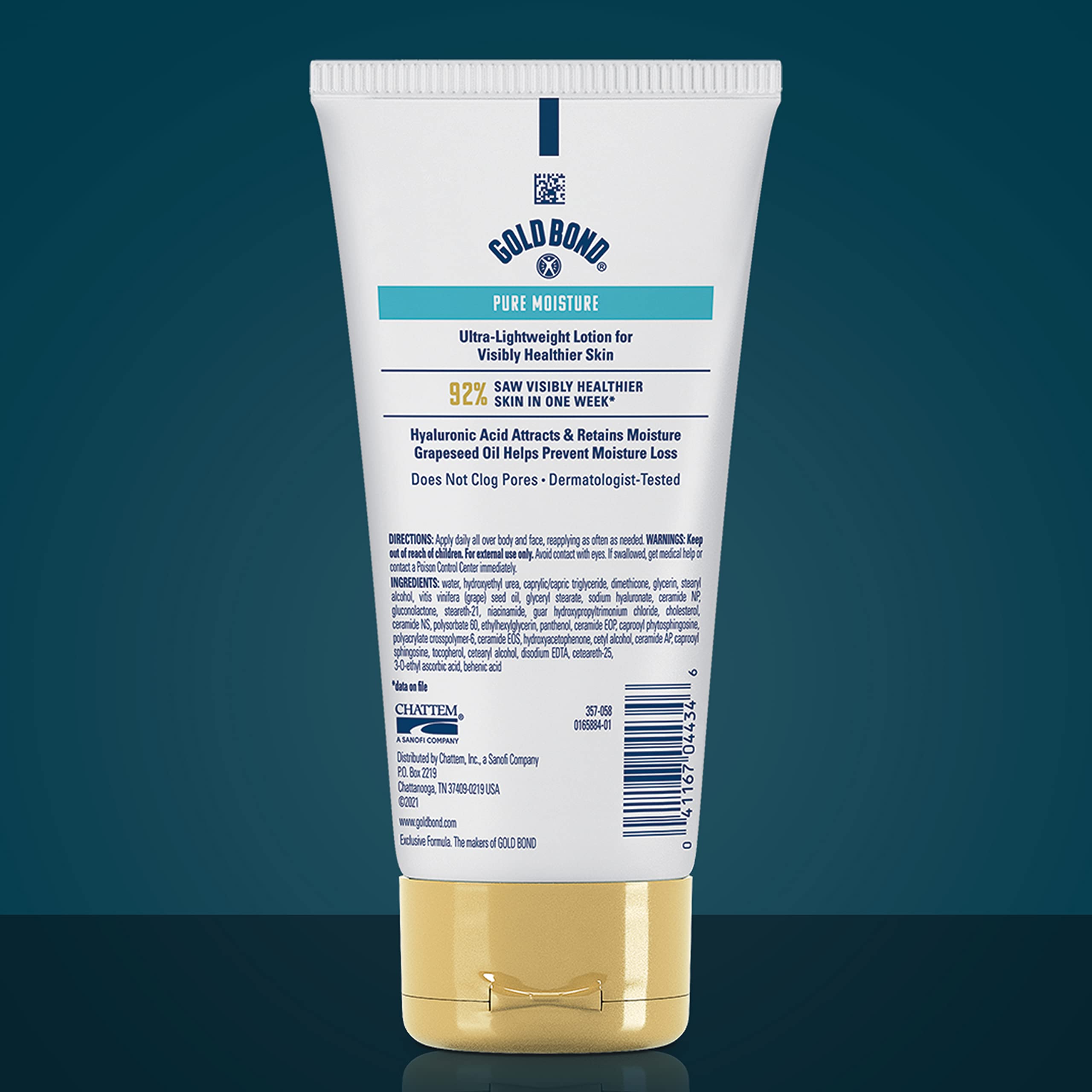 Gold Bond Pure Moisture Lotion label highlights hyaluronic acid and grapeseed oil
