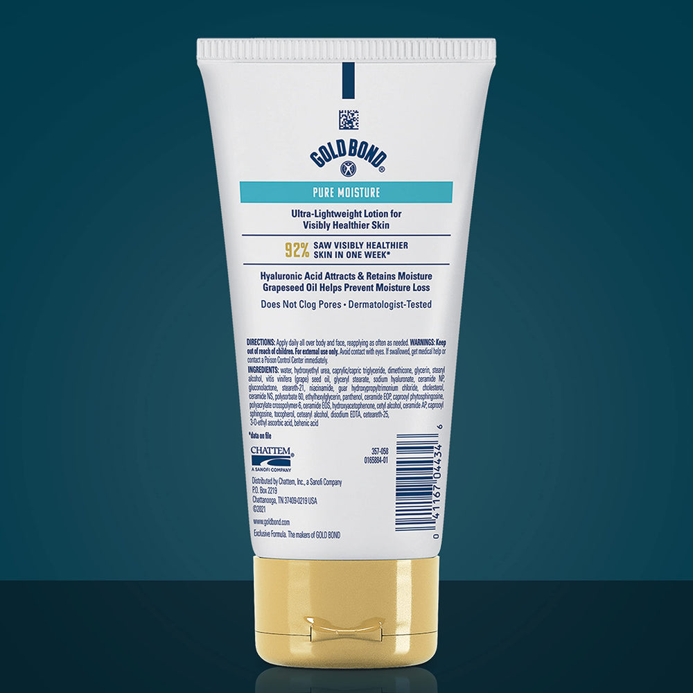 Gold Bond Pure Moisture Lotion label highlights hyaluronic acid and grapeseed oil