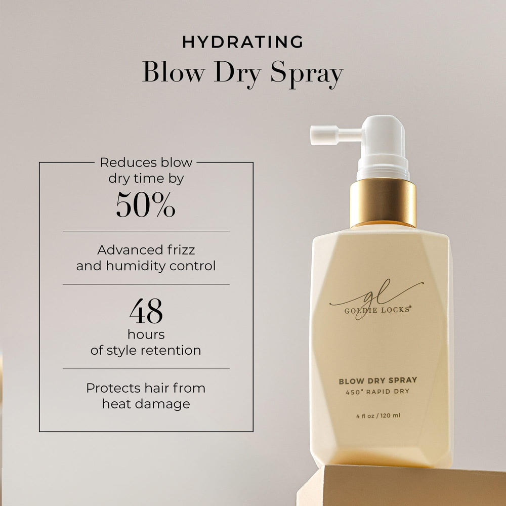 Goldie Locks Blow Dry Spray flyaway-tamer to smooth texture and boost shine.
