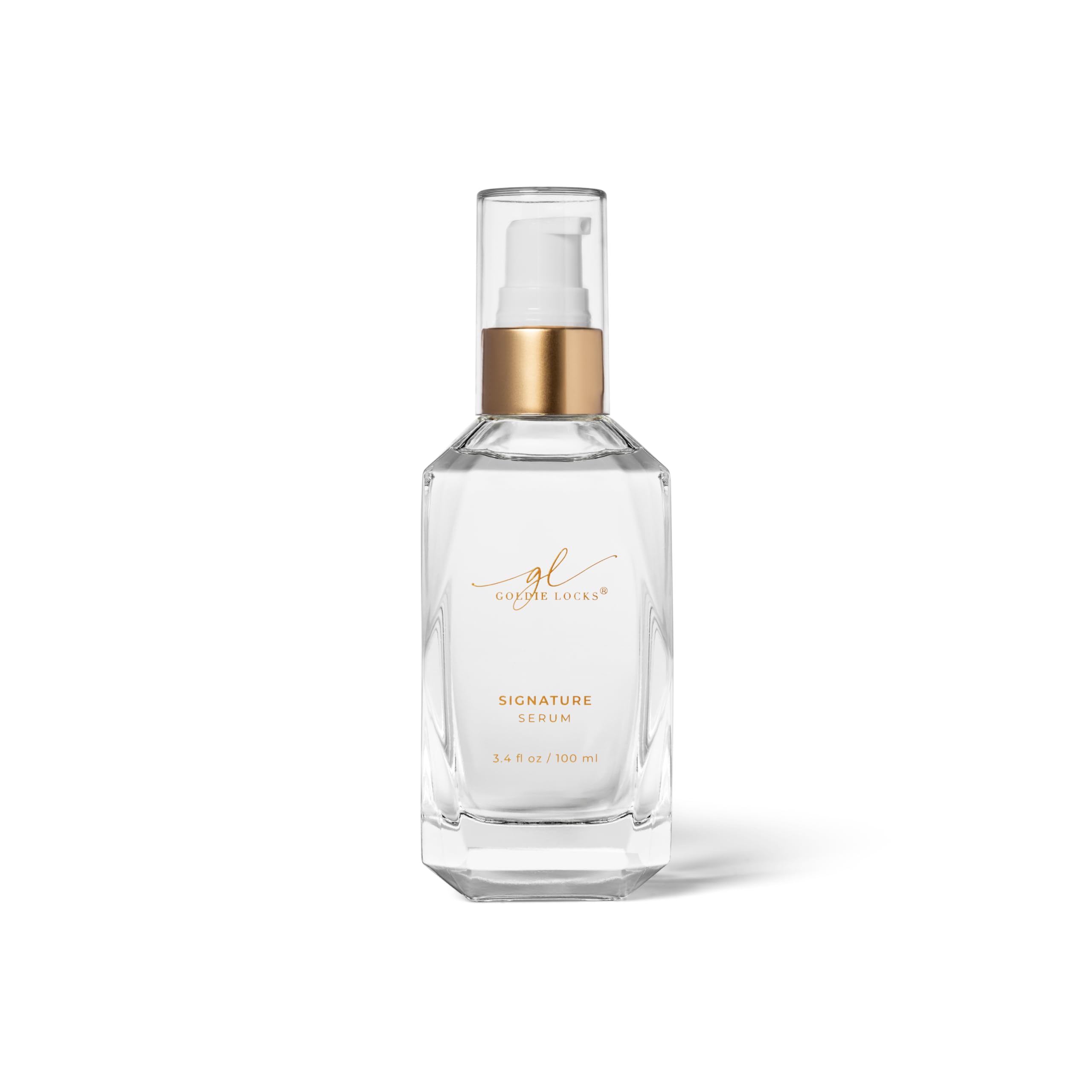 Goldie Locks Signature Hair Serum bottle close-up showing frizz control and shine