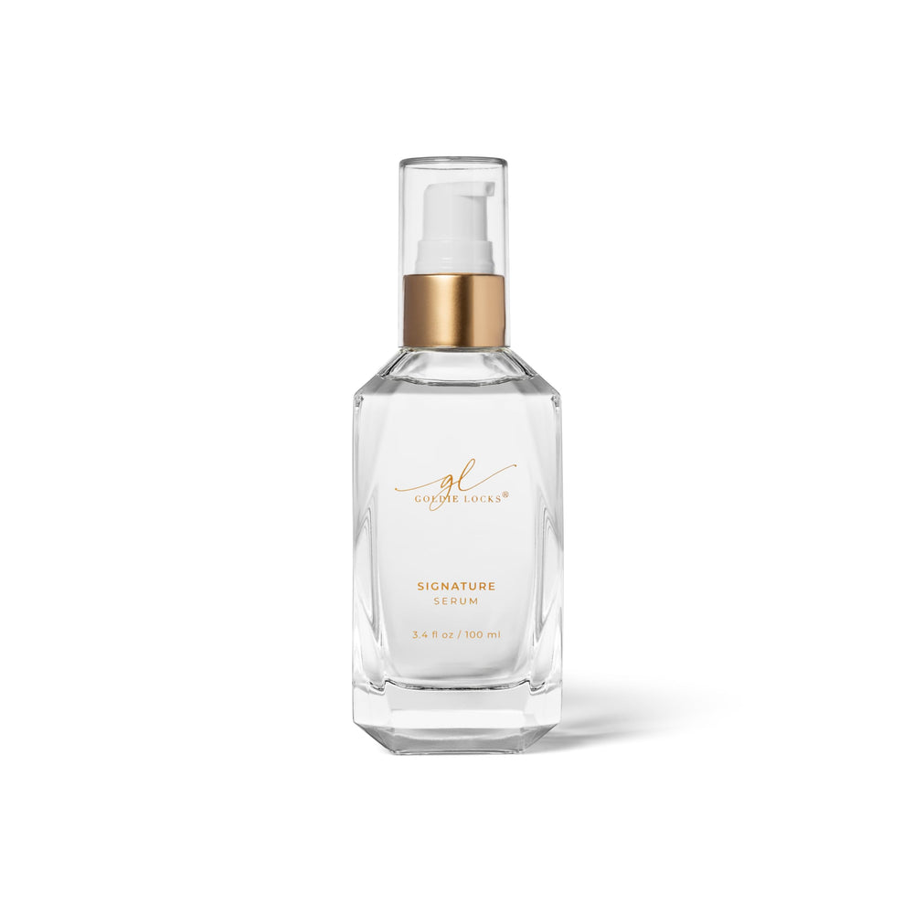 Goldie Locks Signature Hair Serum bottle close-up showing frizz control and shine
