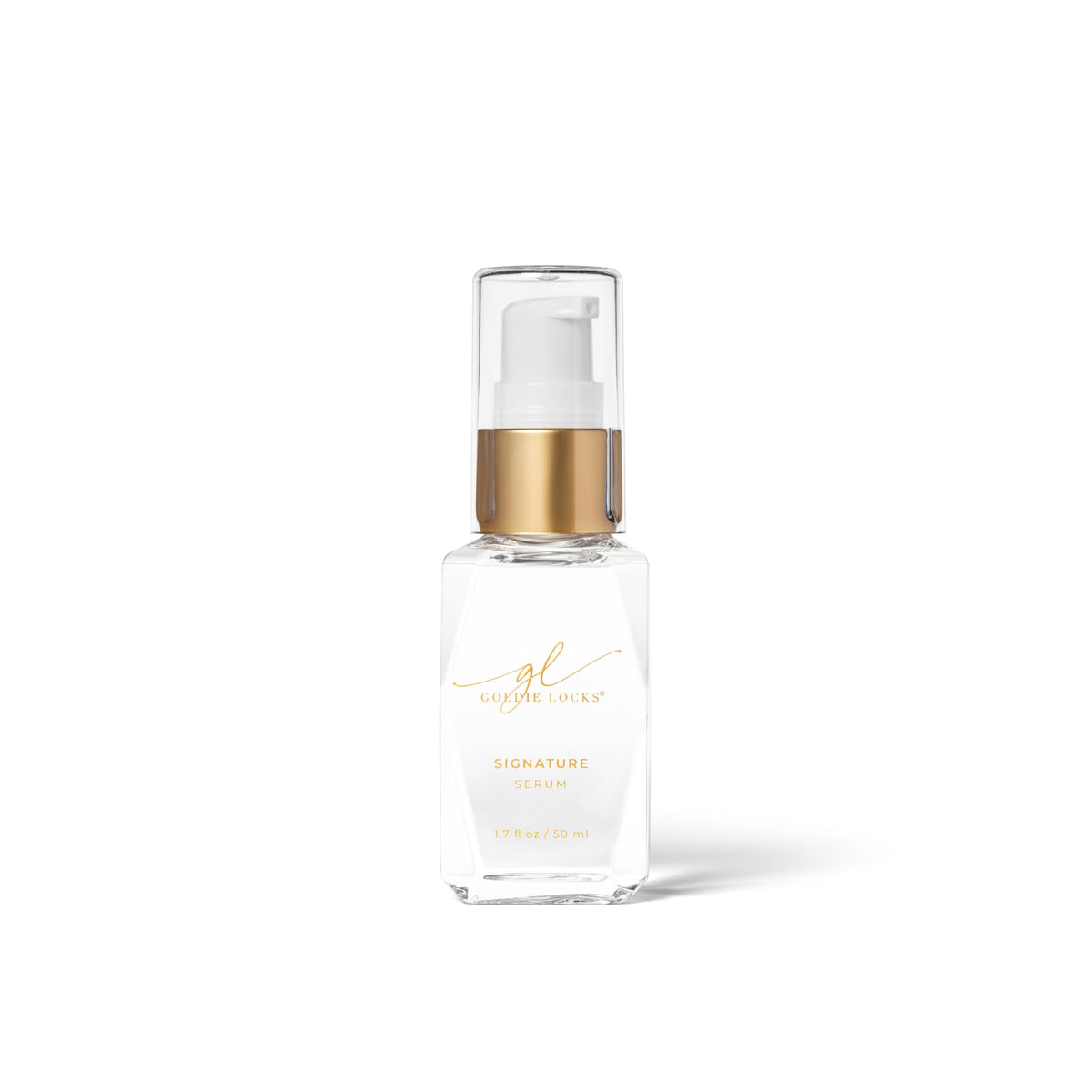 Goldie Locks Signature Serum bottle close-up showing frizz-control for sleek shine
