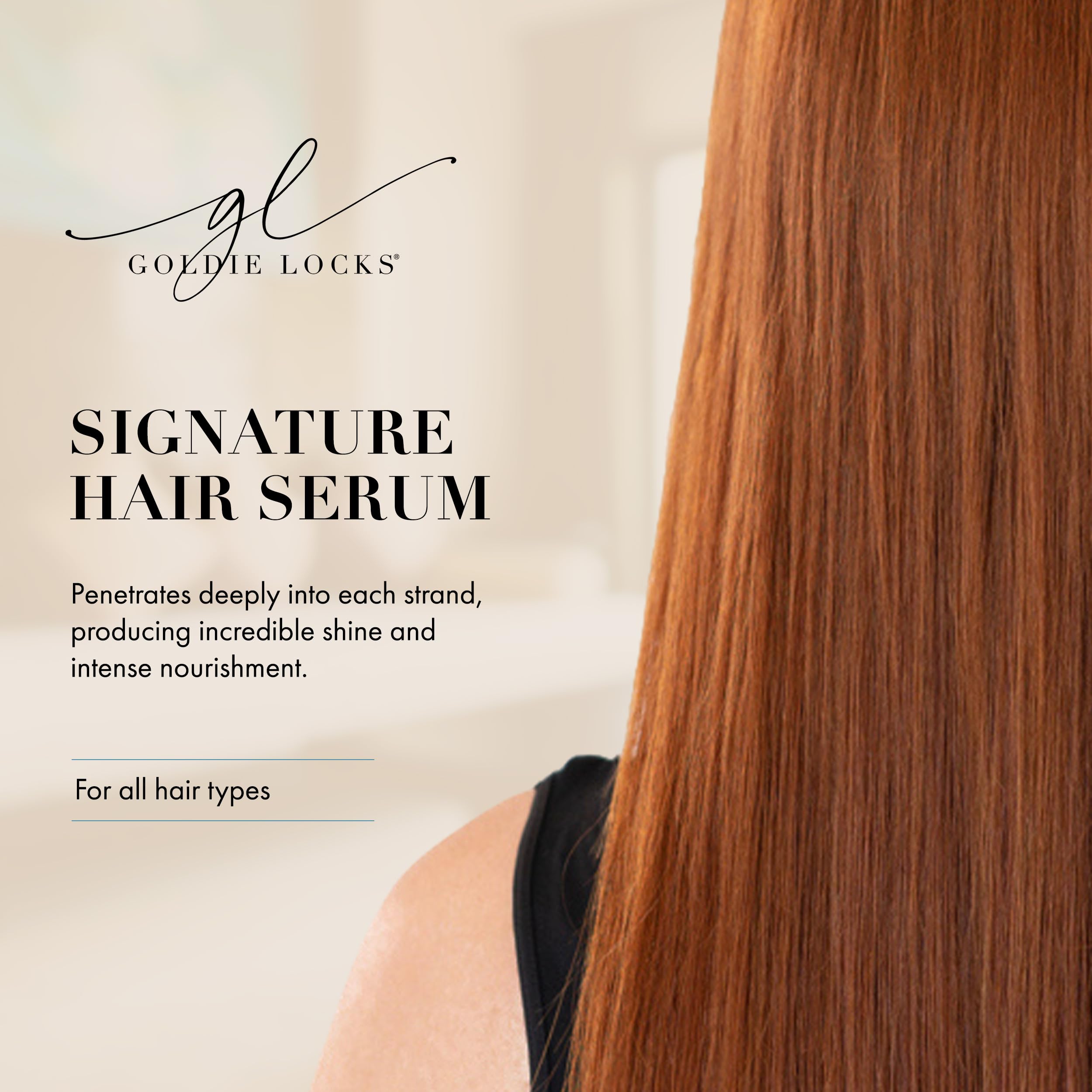 Goldie Locks Signature Serum dropper disperses lightweight shine on damp hair