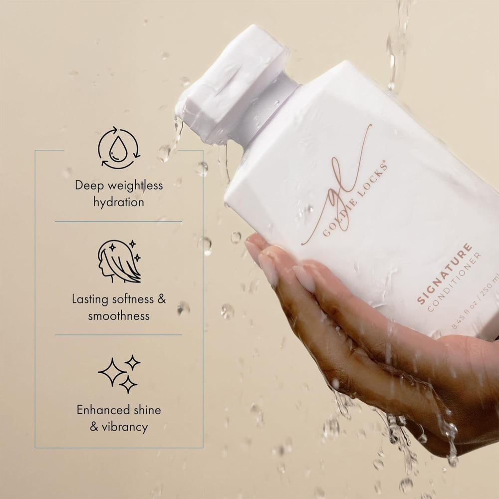 Goldie Locks conditioner on bathroom shelf suggests everyday conditioning routine.