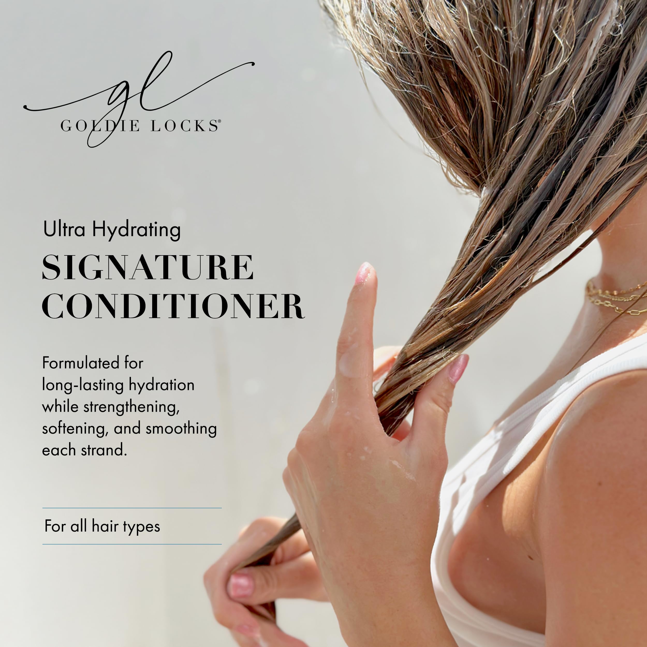 Goldie Locks conditioner liquid being squeezed demonstrates easy application and detangling.
