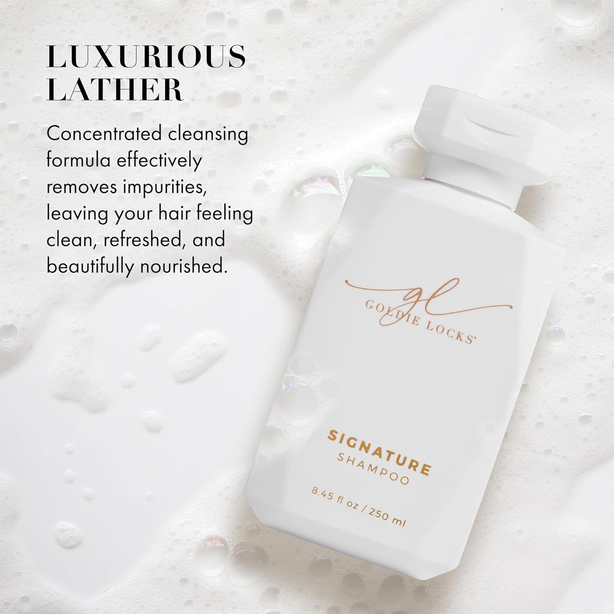Pour shot of Goldie Locks Ultra Hydrating Shampoo shows easy application