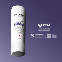 Goldwell Dualsenses Just Smooth bottle closeup showing premium conditioner for smooth hair