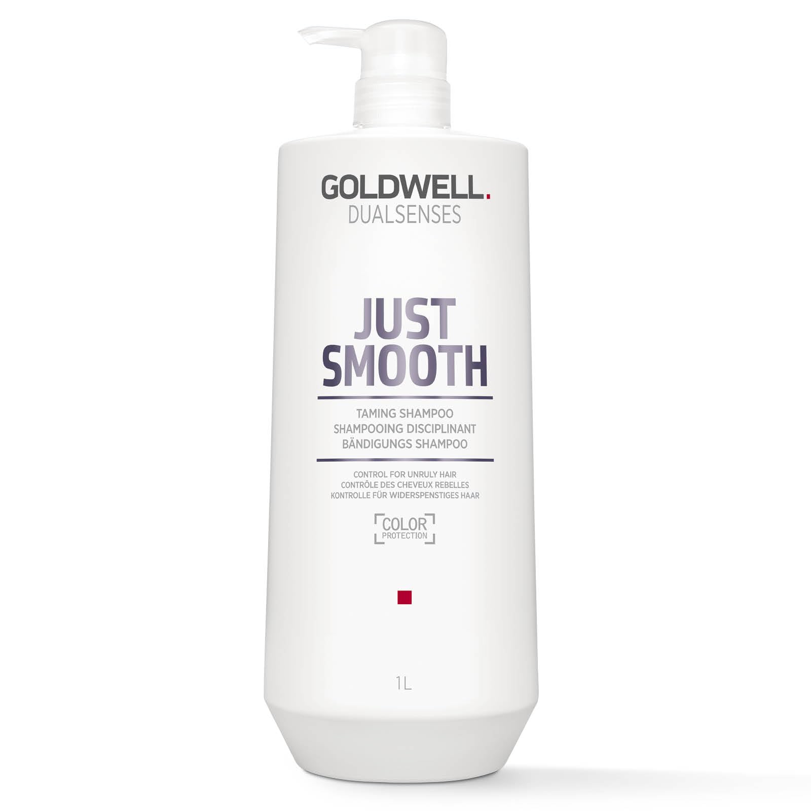 Goldwell Dualsenses Just Smooth bottle front highlights frizz control for unruly hair.