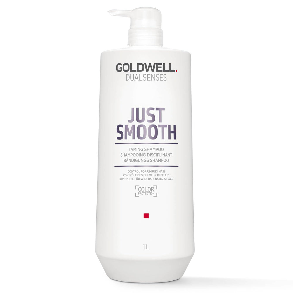 Goldwell Dualsenses Just Smooth bottle front highlights frizz control for unruly hair.