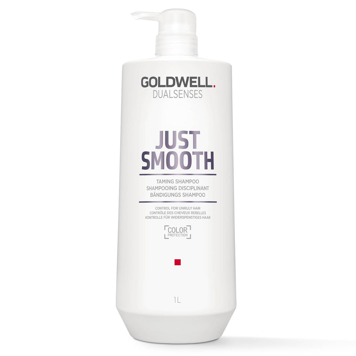 Goldwell Dualsenses Just Smooth bottle front highlights frizz control for unruly hair.