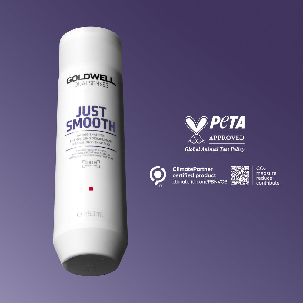 Goldwell Dualsenses Just Smooth label closeup showing color protection claim.