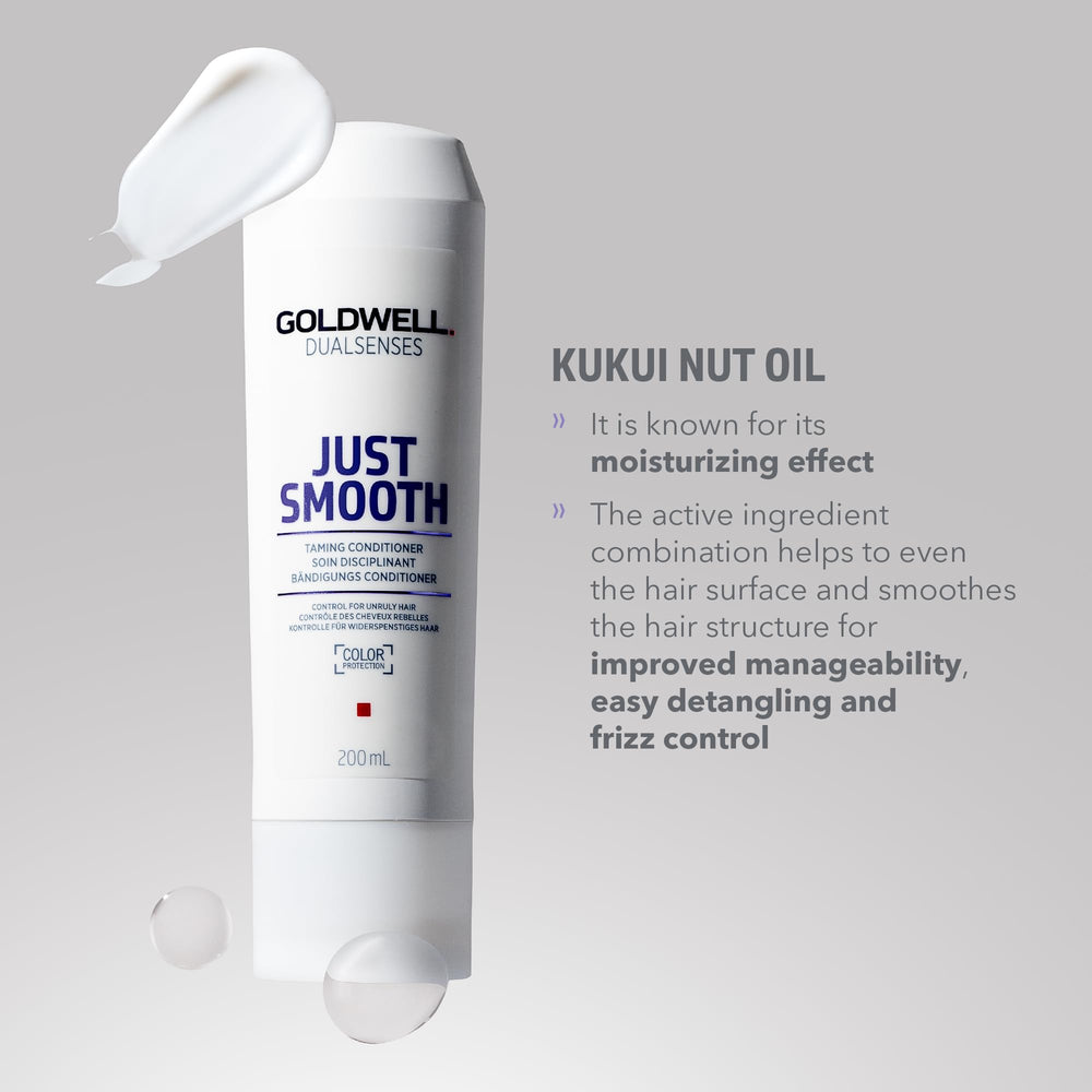 Goldwell Dualsenses Just Smooth frizz-control image highlighting humidity resistance
