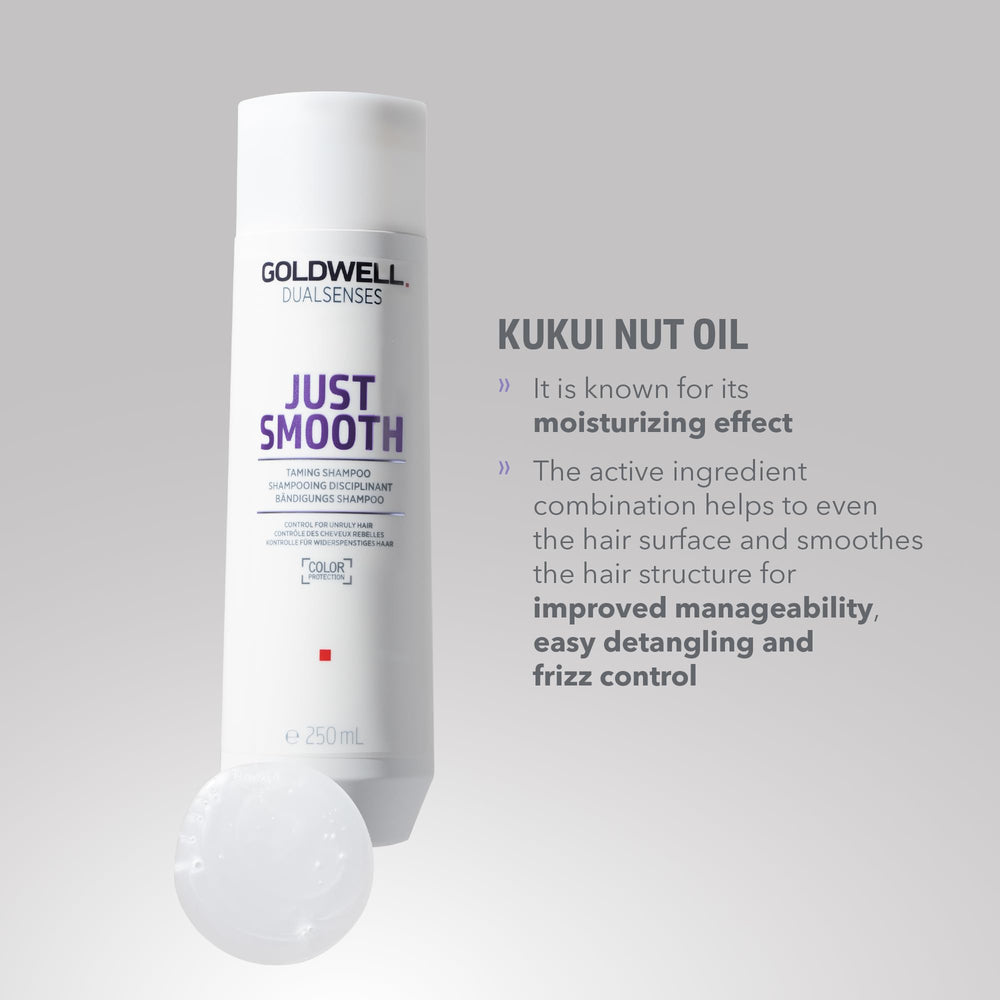 Goldwell Dualsenses Just Smooth hair towel-dry scene suggests lightweight cleansing.