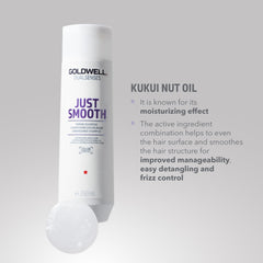Goldwell Dualsenses Just Smooth hair towel-dry scene suggests lightweight cleansing.