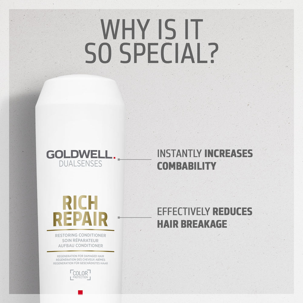 Aplicación rápida de Goldwell DualSenses Rich Repair para cabello más manejable en 1 minuto.