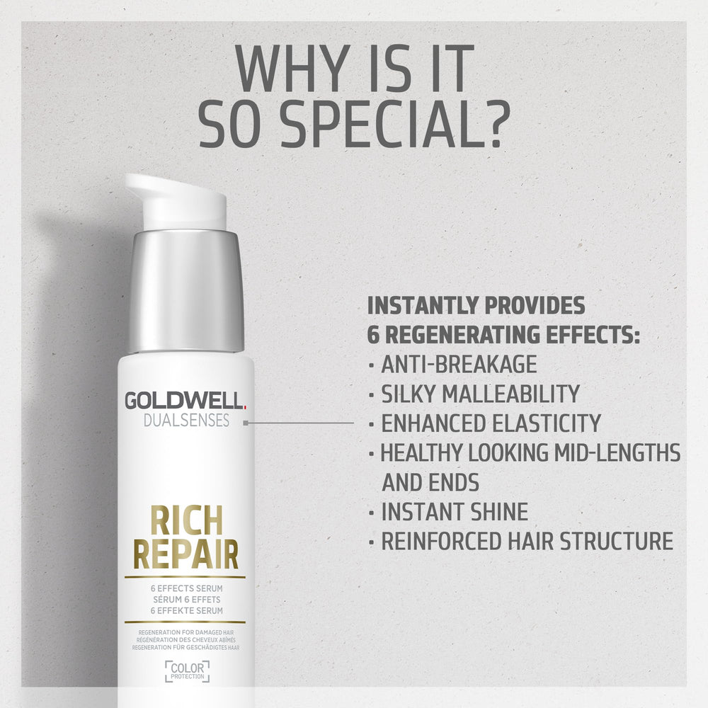 Goldwell DualSenses Rich Repair bottle closeup with premium packaging.