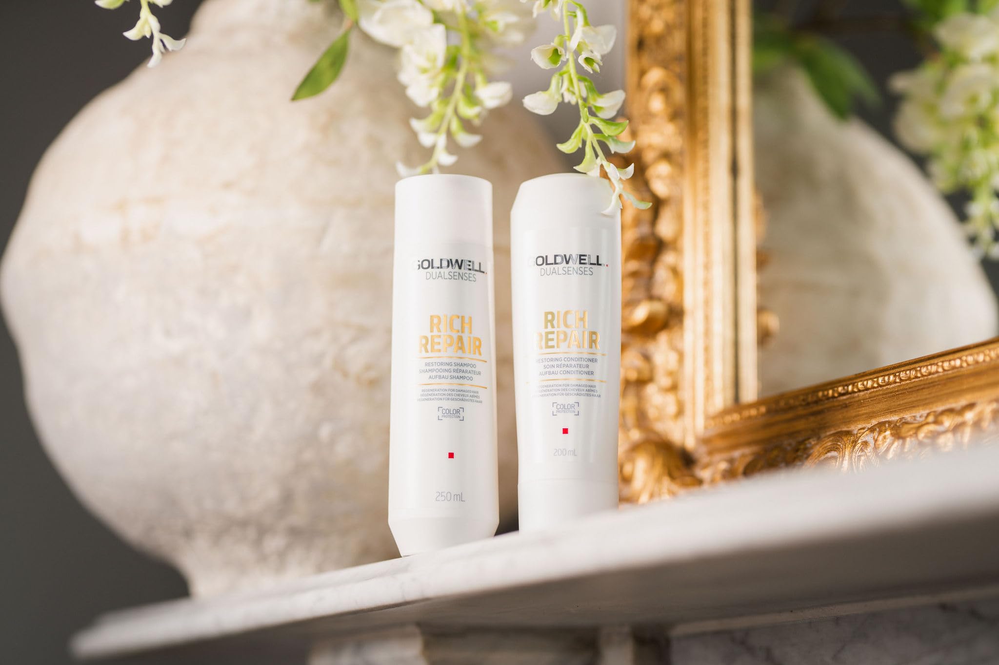 Goldwell Rich Repair conditioner packaging highlights damage care benefits