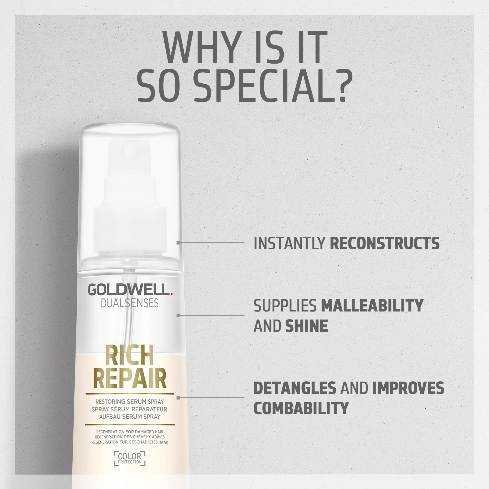 Goldwell Rich Repair Serum Spray, suavidad inmediata para cabello de uso diario.