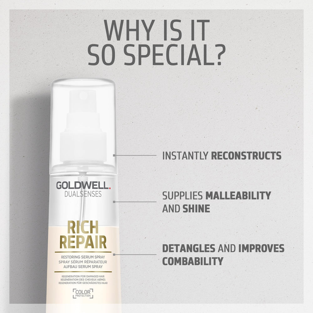 Goldwell Rich Repair Serum Spray, suavidad inmediata para cabello de uso diario.
