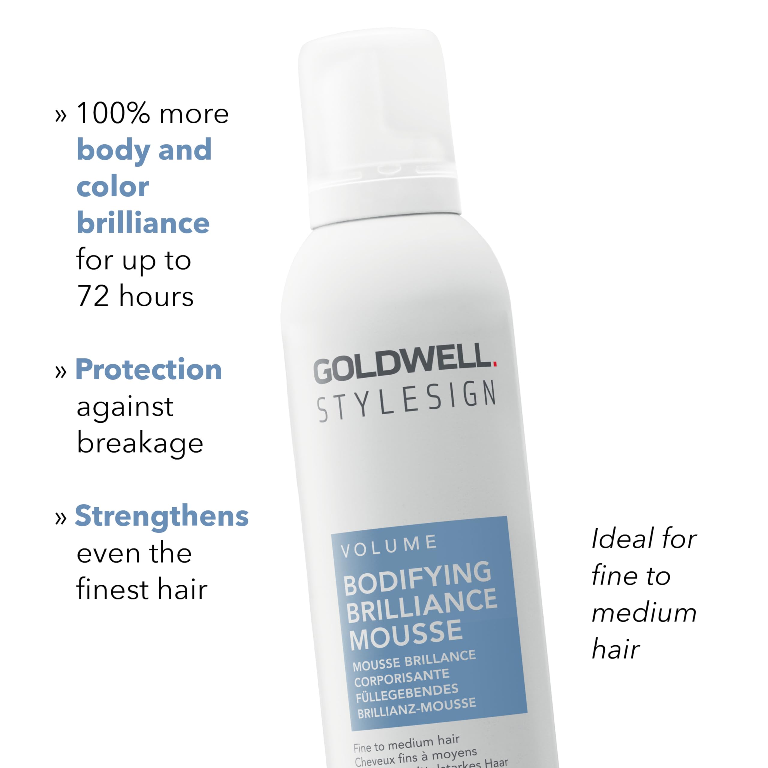 Goldwell StyleSign Bodifying Brilliance Mousse protects hair from heat during styling.