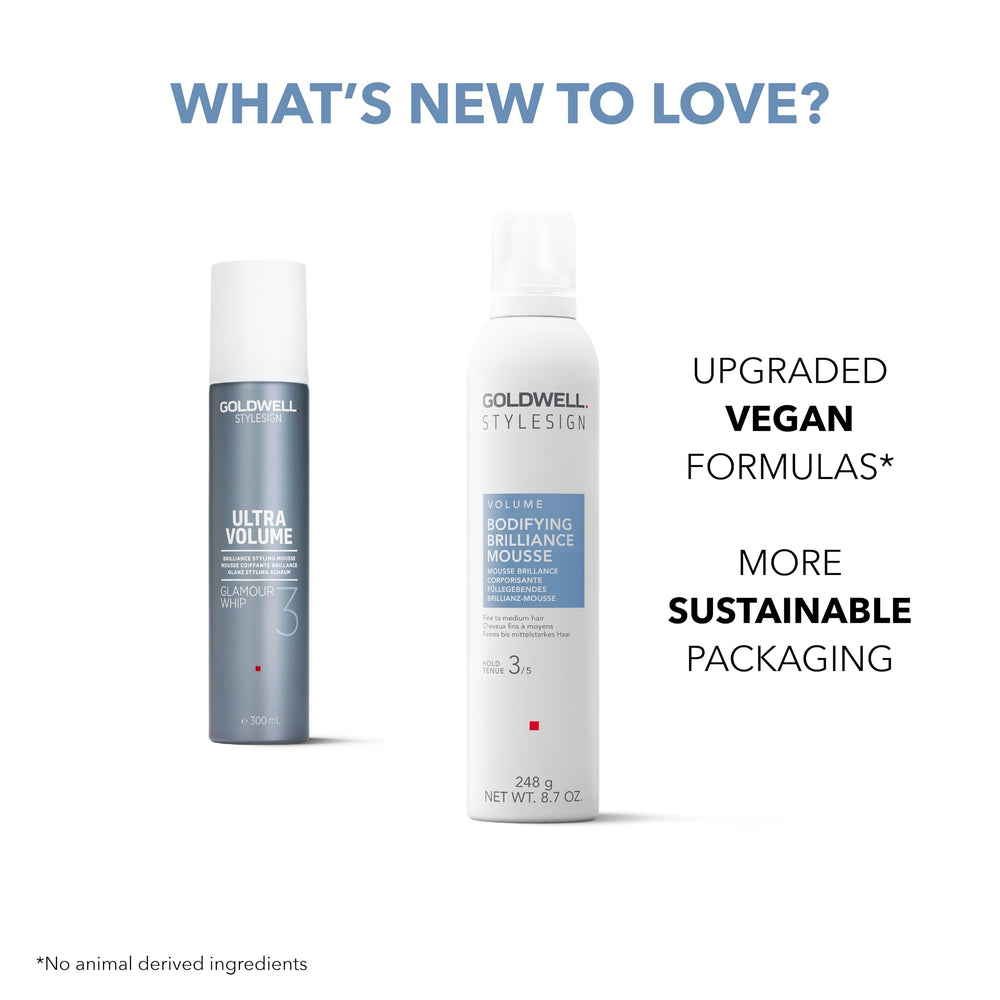 Goldwell StyleSign Bodifying Brilliance Mousse color-safe formula maintains color vibrancy.