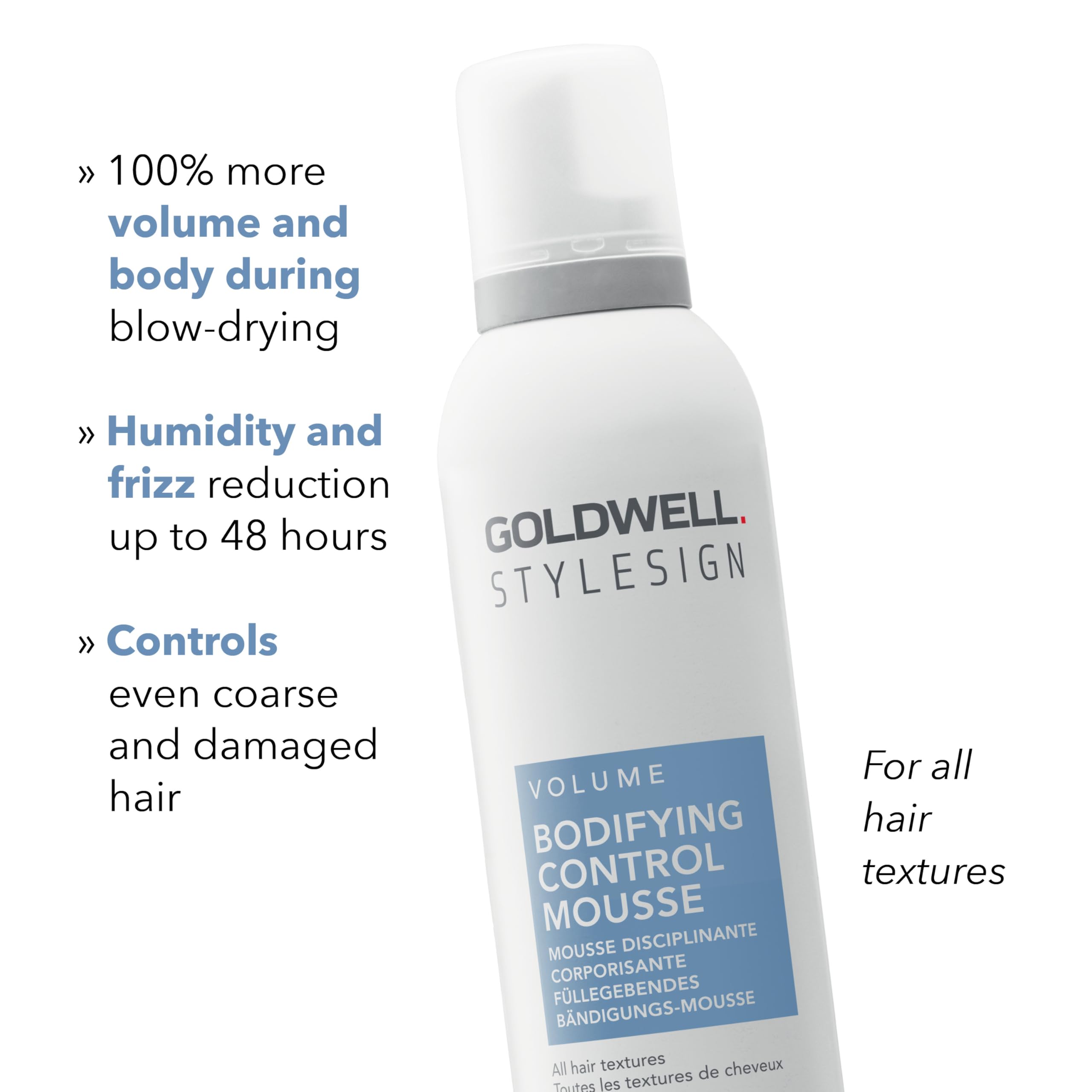 Goldwell StyleSign Bodifying Control Mousse fijación firme con brillo ligero.