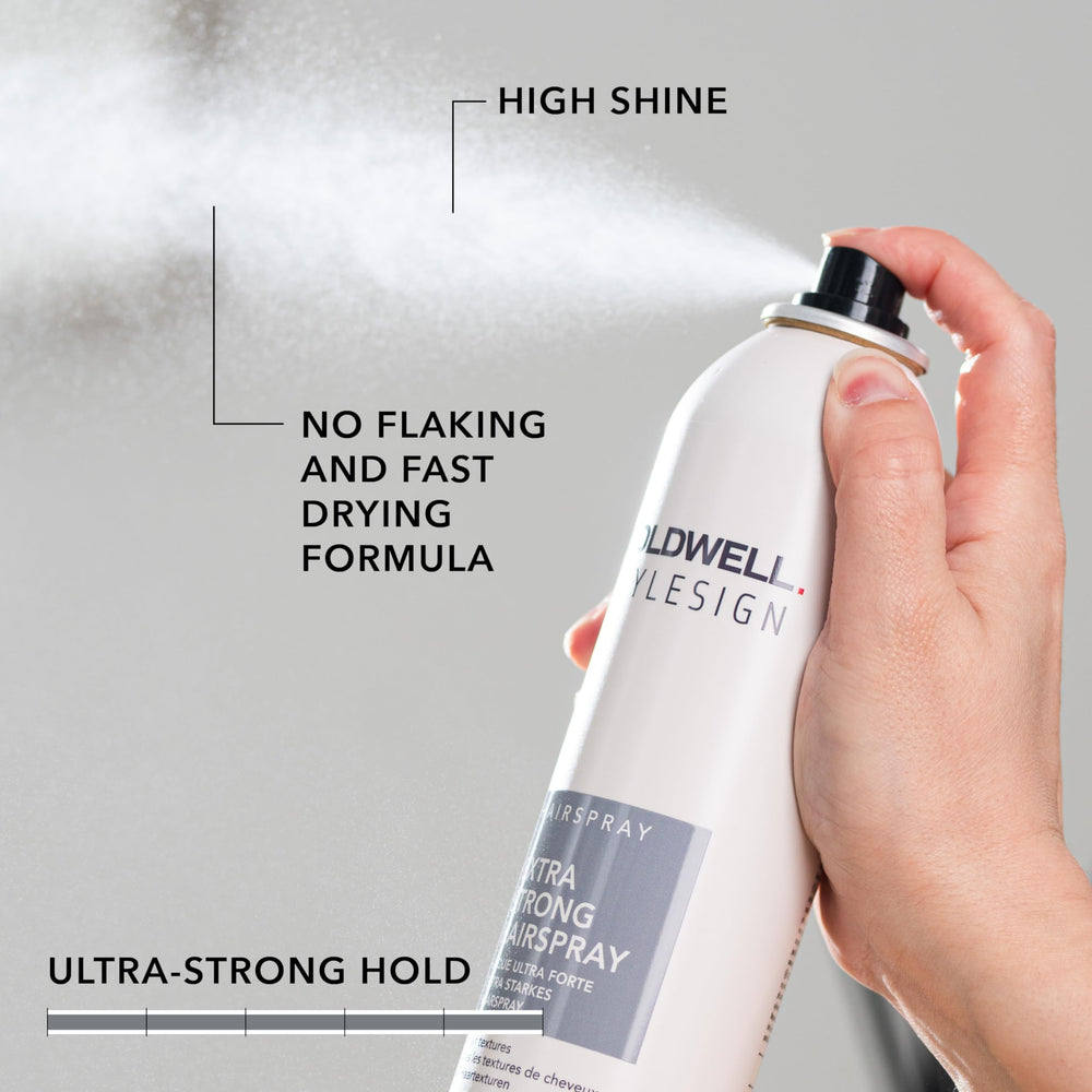 Goldwell StyleSign Extra Strong Hairspray wind resistance supports complex styles outdoors.