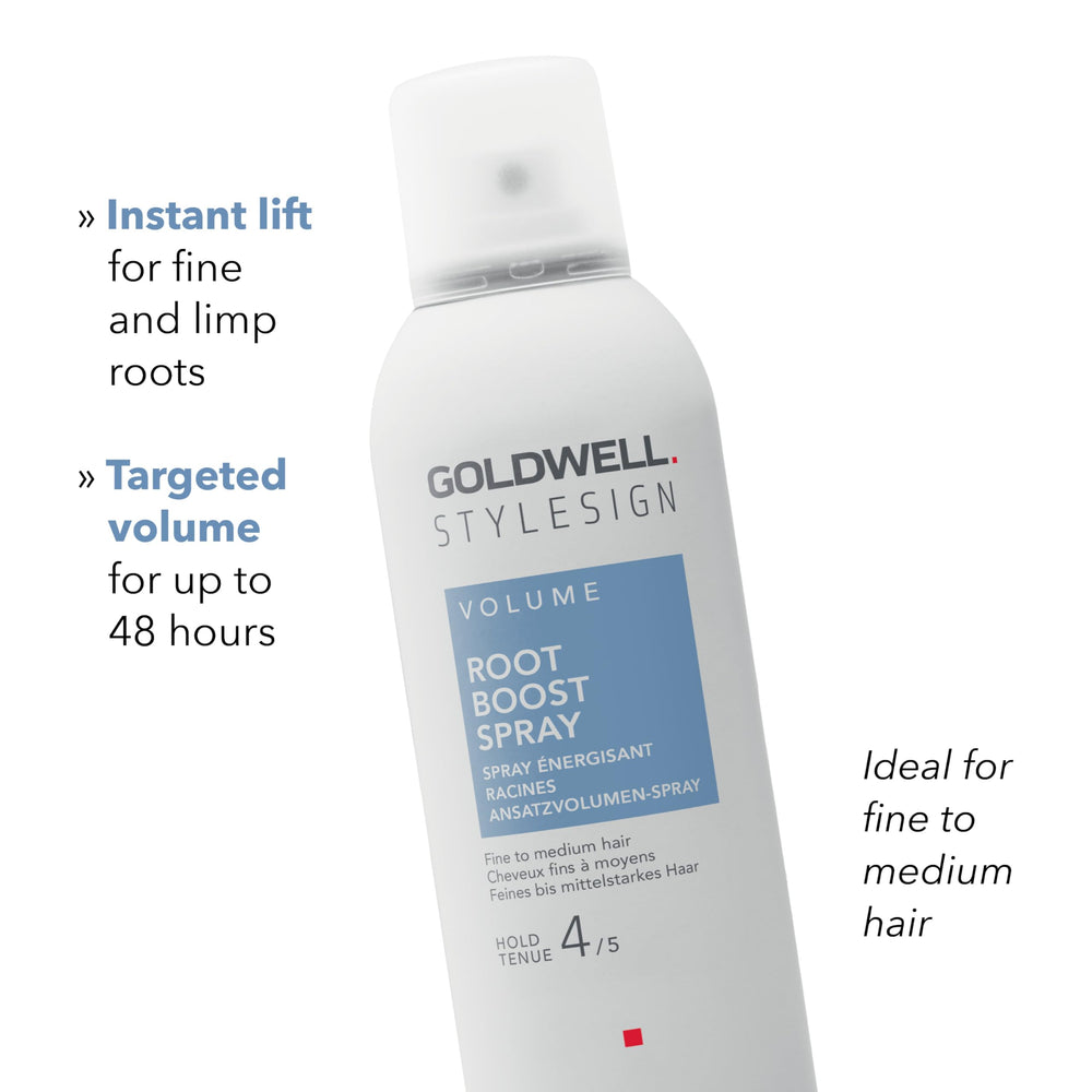 Goldwell StyleSign Root Boost Spray packaging emphasizes vegan and color-safe formula