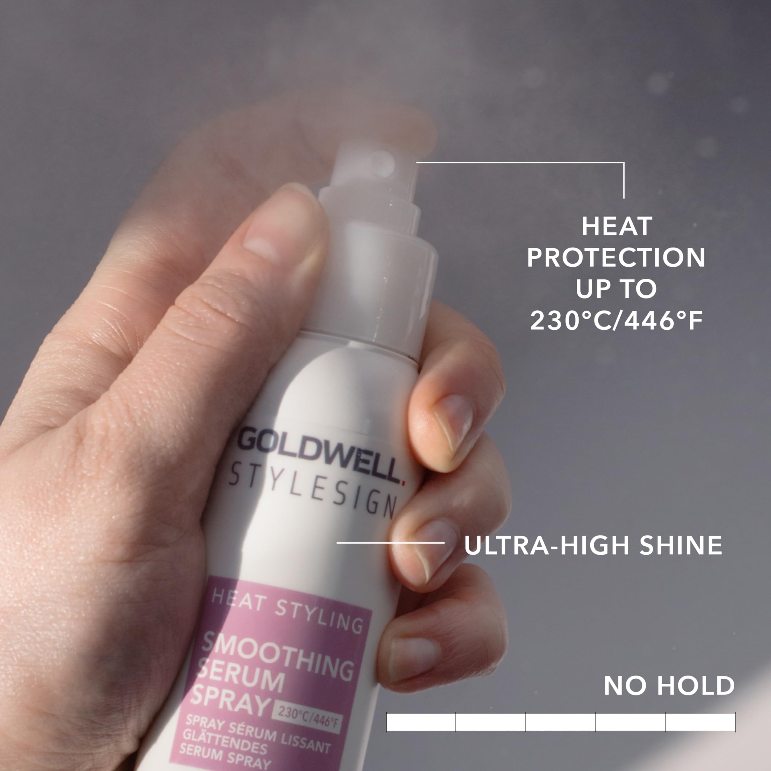 Goldwell StyleSign Smoothing Serum Spray provides heat protection up to 230°C for safe styling.