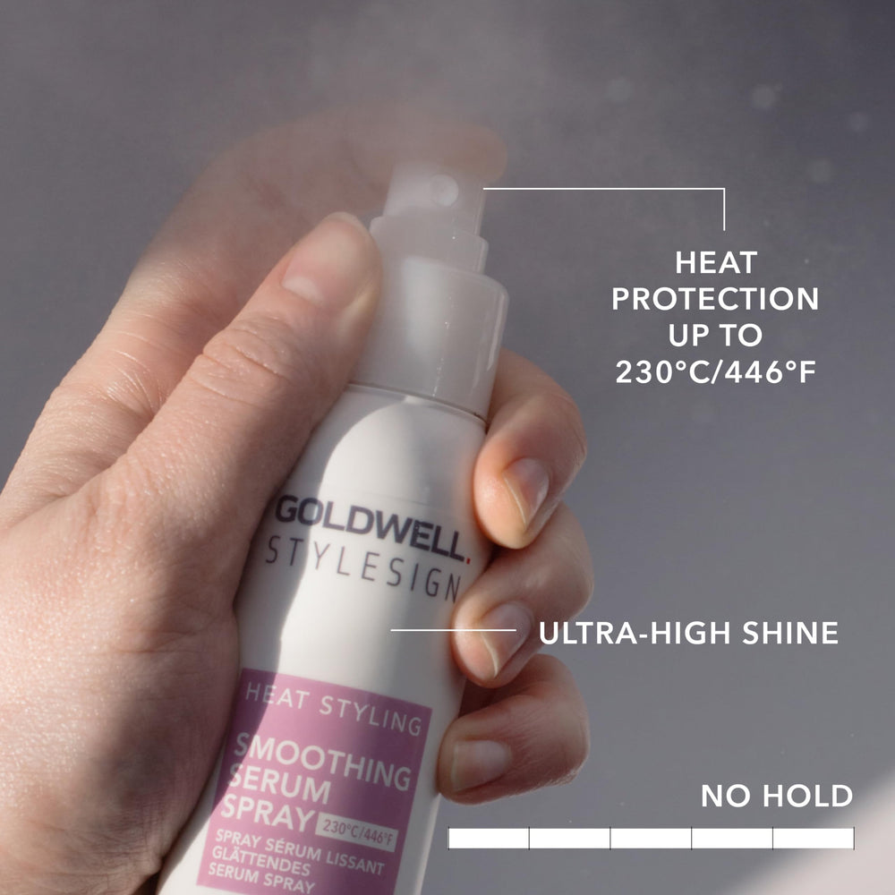 Goldwell StyleSign Smoothing Serum Spray provides heat protection up to 230°C for safe styling.