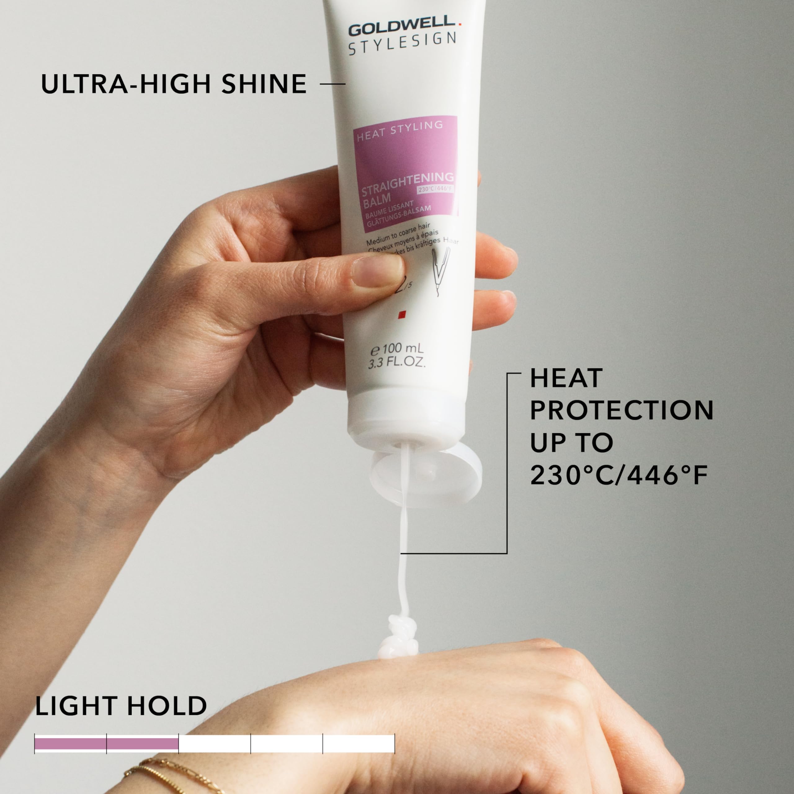 Goldwell StyleSign Straightening Balm pump dispense enables quick, even distribution for consistent straightening.