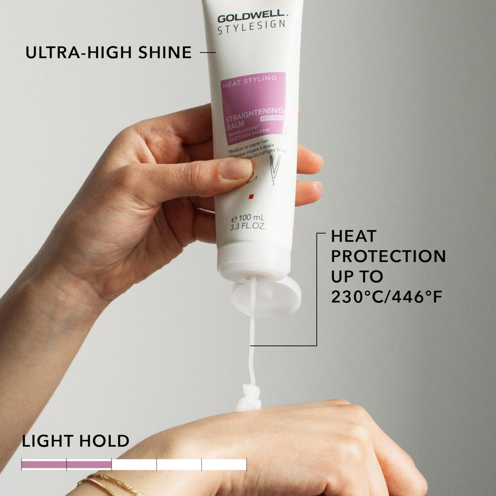 Goldwell StyleSign Straightening Balm pump dispense enables quick, even distribution for consistent straightening.