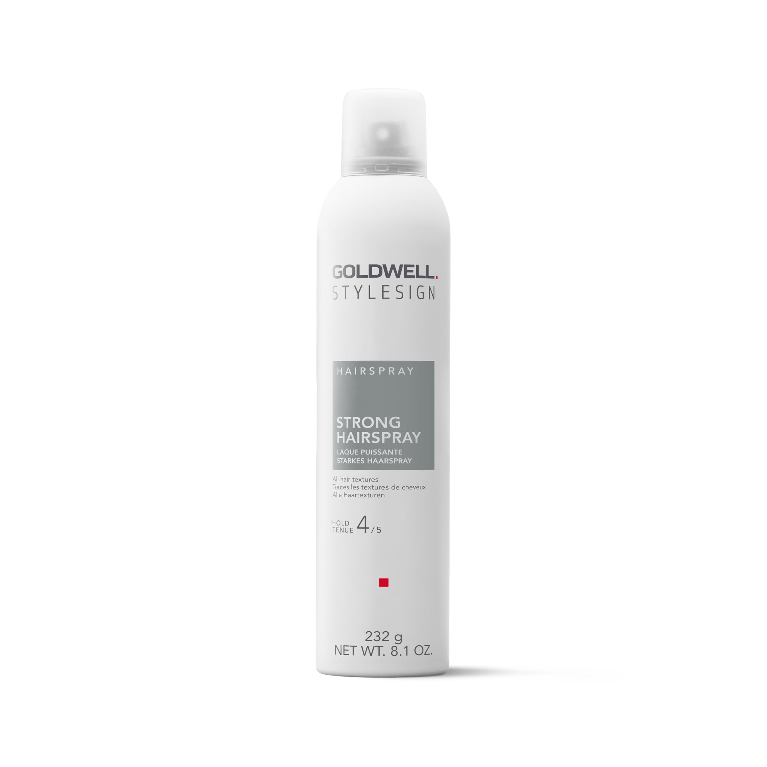 Goldwell StyleSign Strong Hairspray bottle shows strong hold and quick-dry finish.