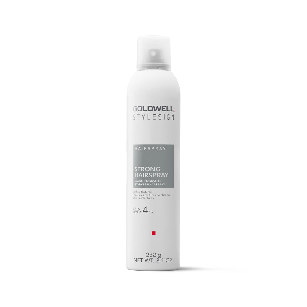 Goldwell StyleSign Strong Hairspray bottle shows strong hold and quick-dry finish.