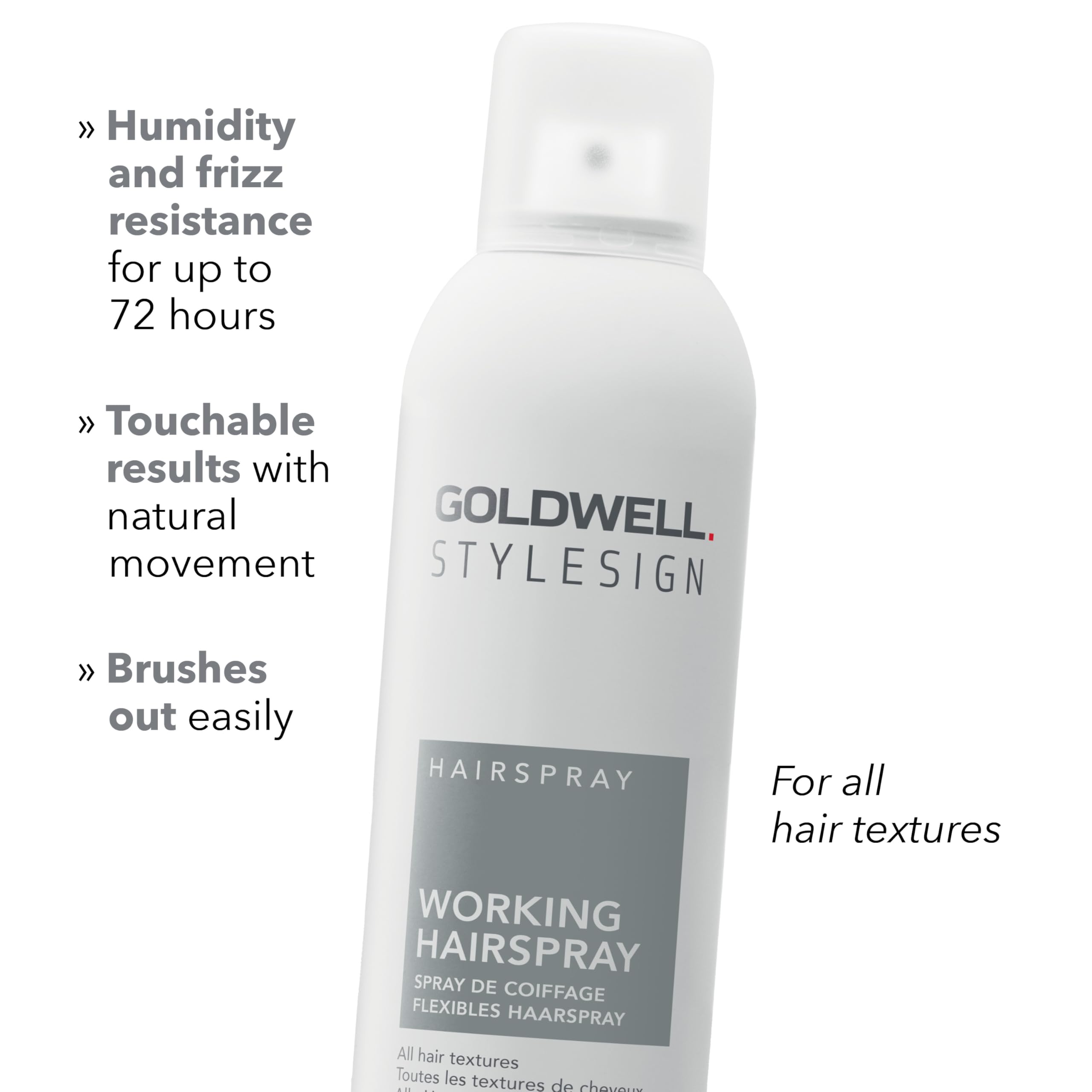Goldwell StyleSign Working Hairspray close-up highlights smooth finish with minimized frizz.