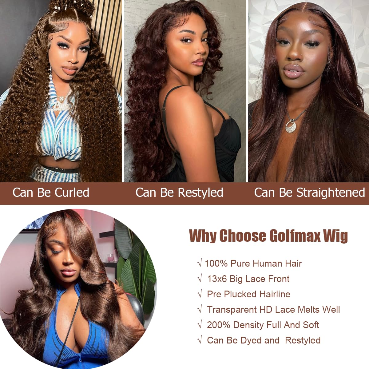 GOLFMAX 30in chocolate brown lace-front wig side view showing smooth body wave