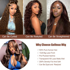GOLFMAX 30in chocolate brown lace-front wig side view showing smooth body wave