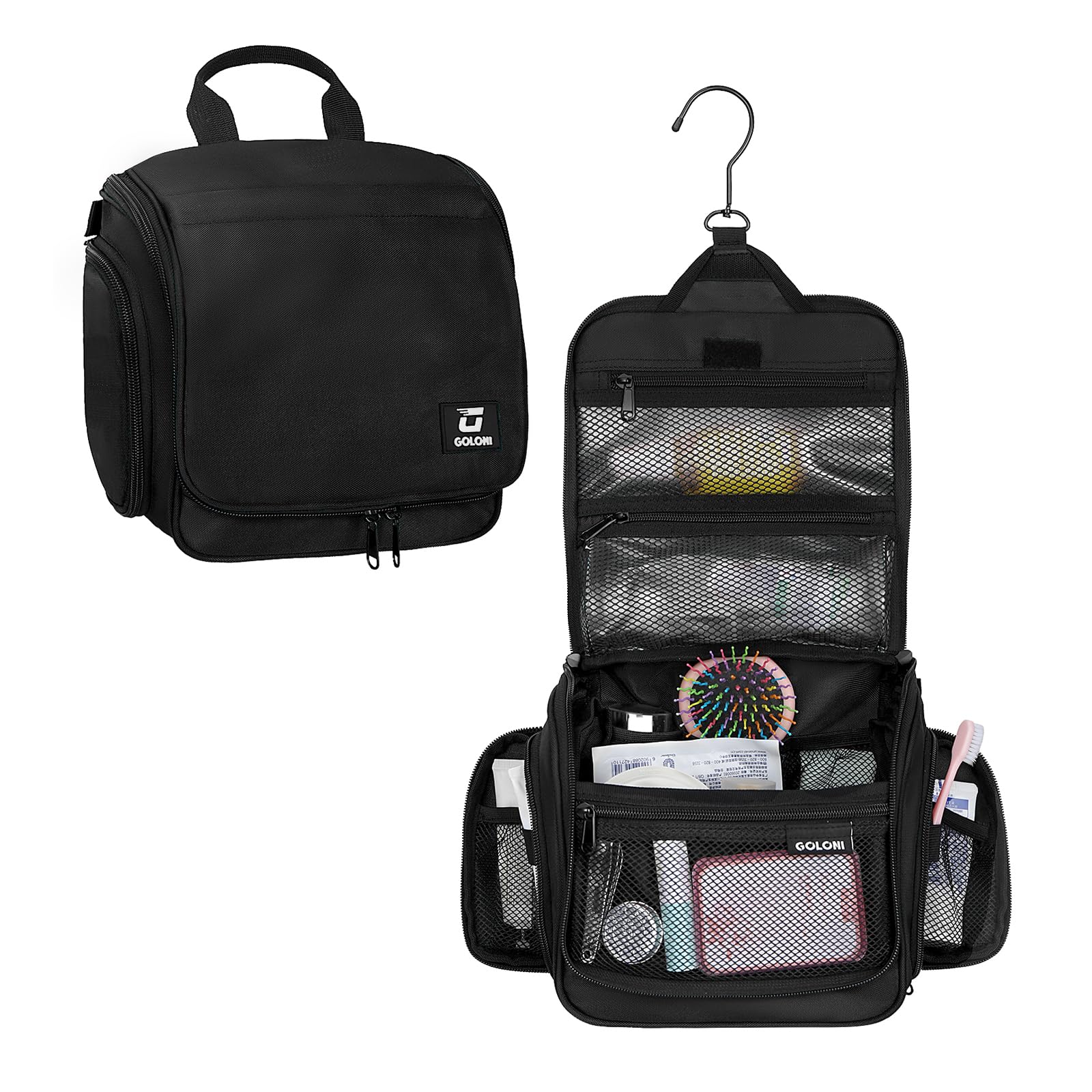 Goloni hanging toiletry bag hook for easy hands-free access.