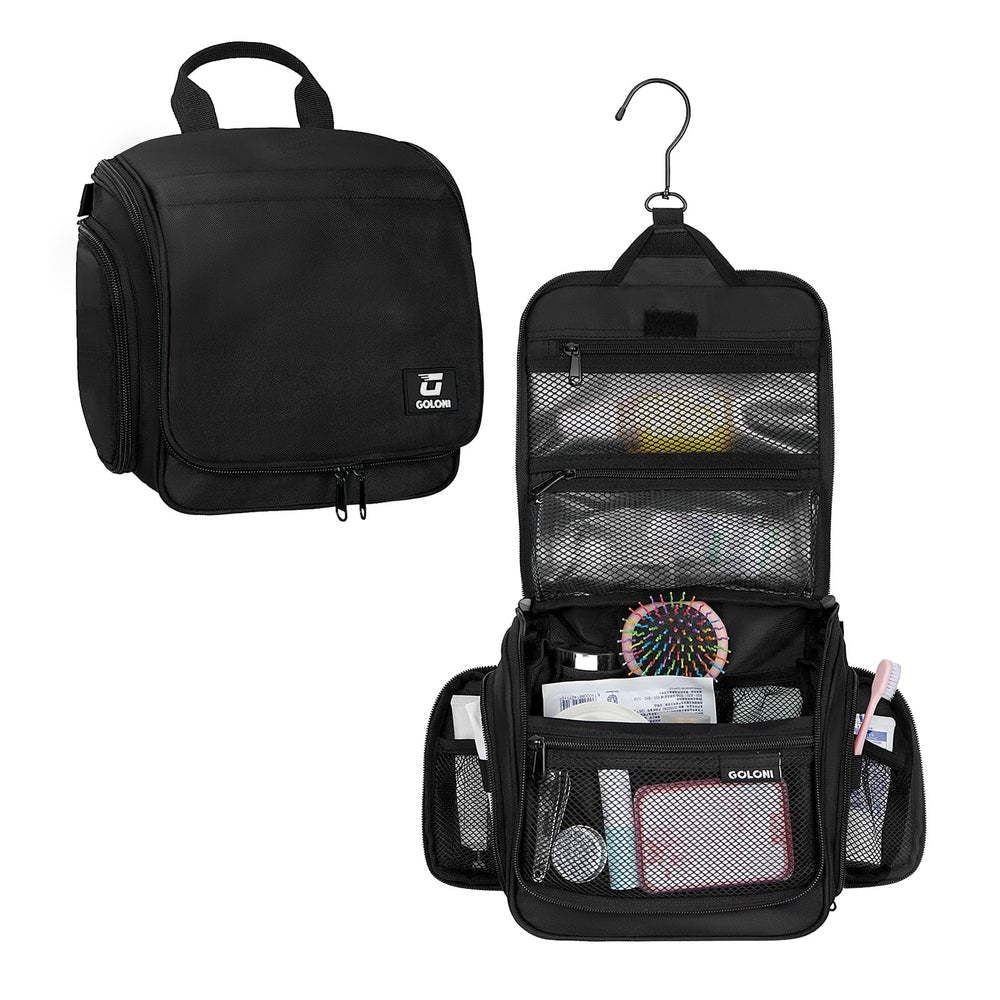Goloni hanging toiletry bag hook for easy hands-free access.