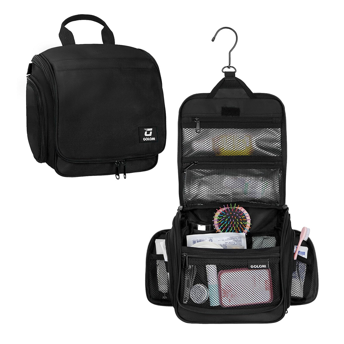 Goloni hanging toiletry bag hook for easy hands-free access.