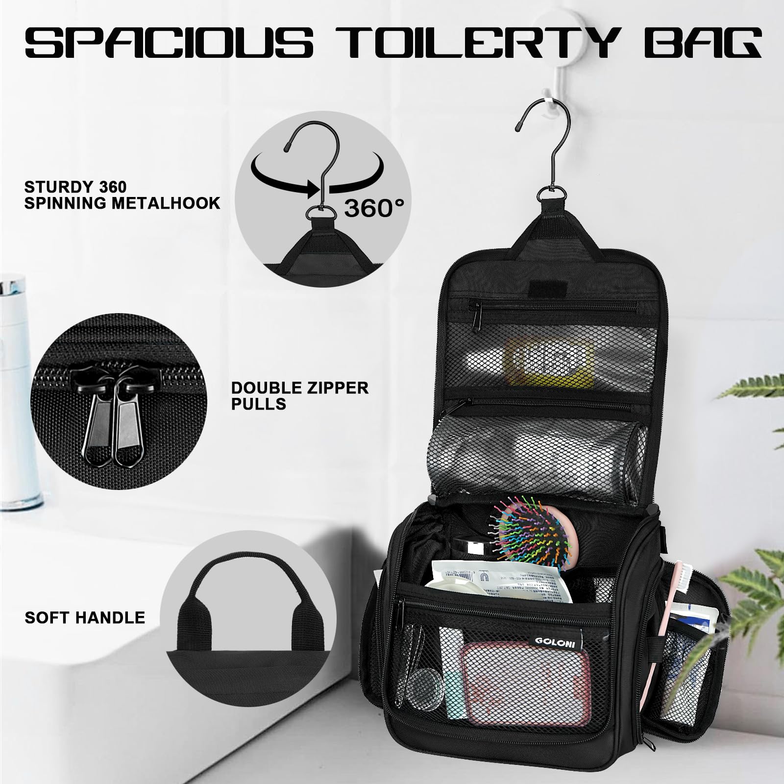 Goloni ten-compartment organization prevents clutter during trips.