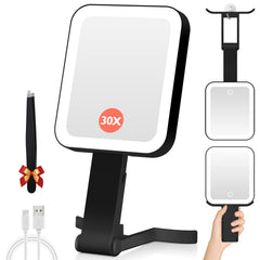 GOMIPURU magnifying travel mirror with light shows 30x detail for precise makeup on the go.